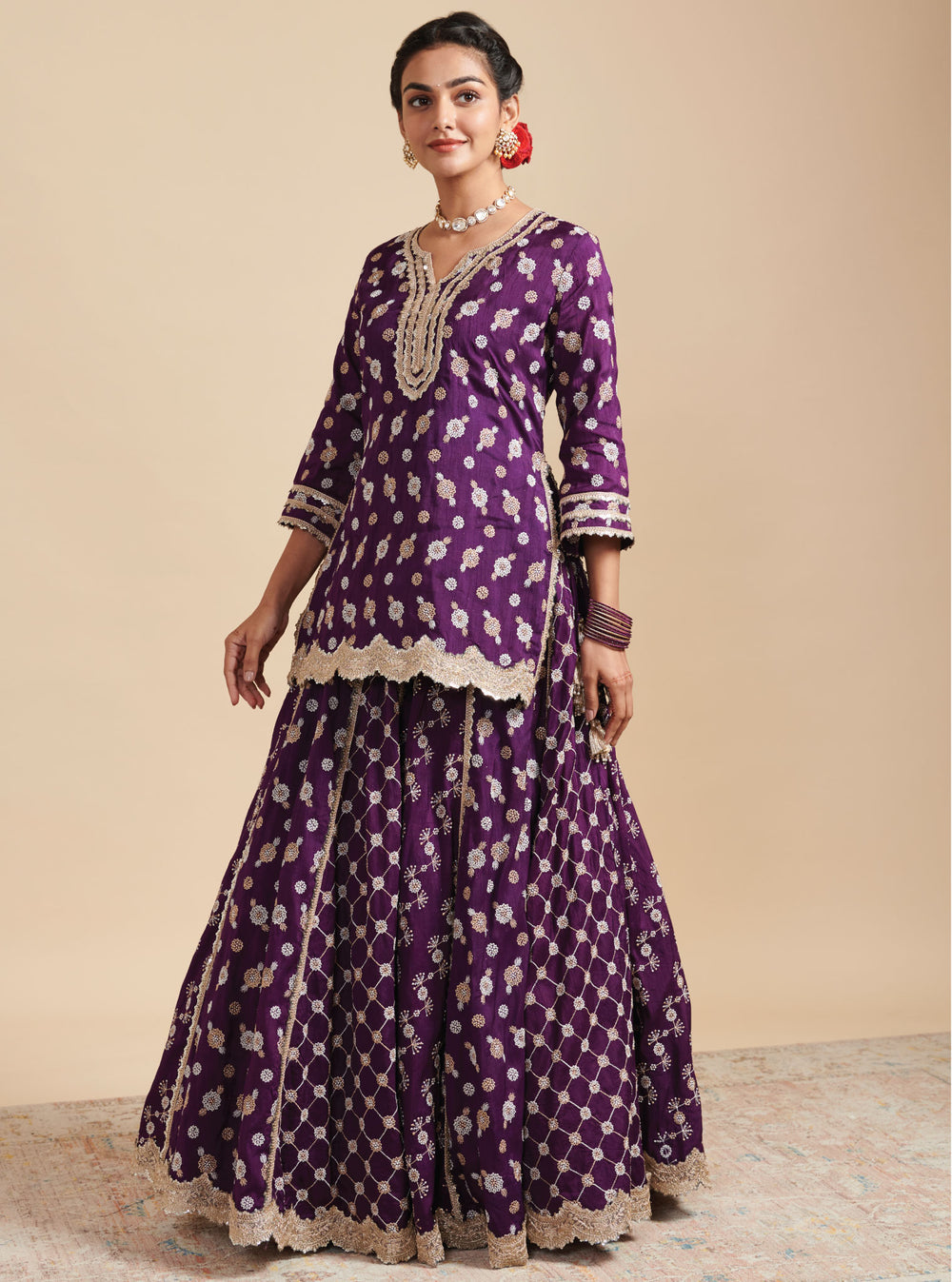 KalamKaari Silk Surkh Purple Kurta With Mulmul Silk Surkh Purple Lehenga