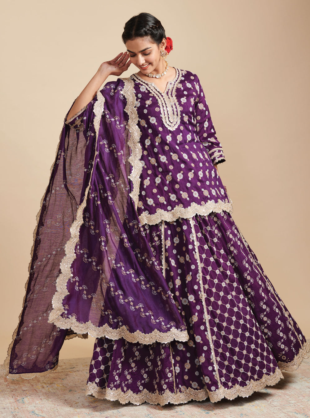 KalamKaari Silk Surkh Purple Kurta With Mulmul Silk Surkh Purple Lehenga