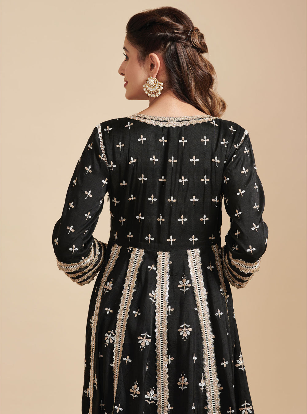 KalamKari Silk Khanak Anarkali Black Kurta With Mulmul Silk Khanak Black Pant