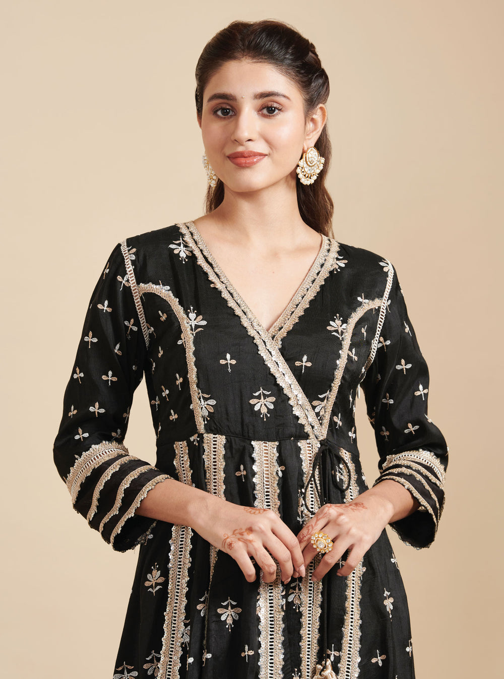 KalamKari Silk Khanak Anarkali Black Kurta With Mulmul Silk Khanak Black Pant