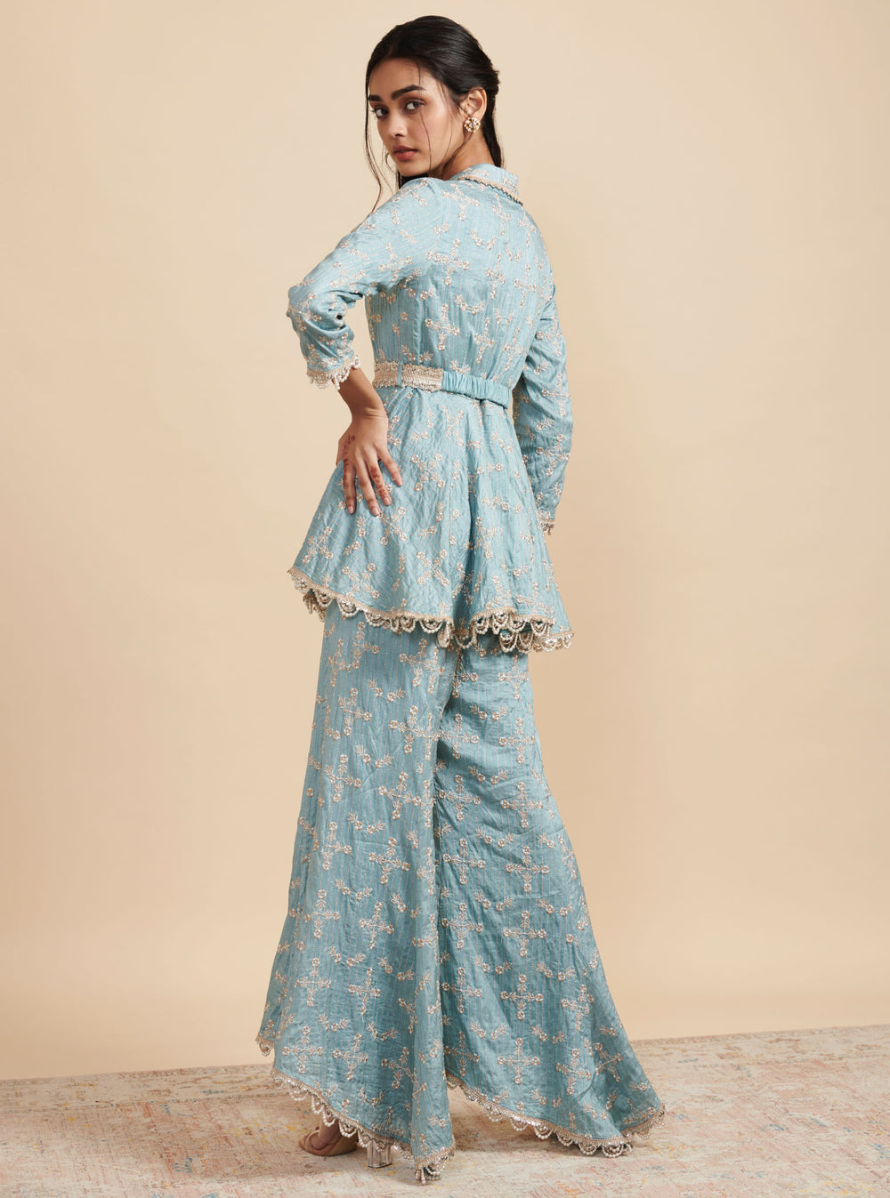 KalamKaari Silk Sitara Blue Top With KalamKaari Silk Sitara Blue High Low Pant
