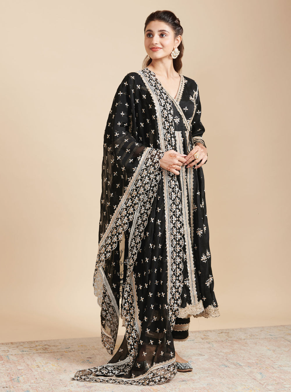 KalamKari Silk Khanak Anarkali Black Kurta With Mulmul Silk Khanak Black Pant