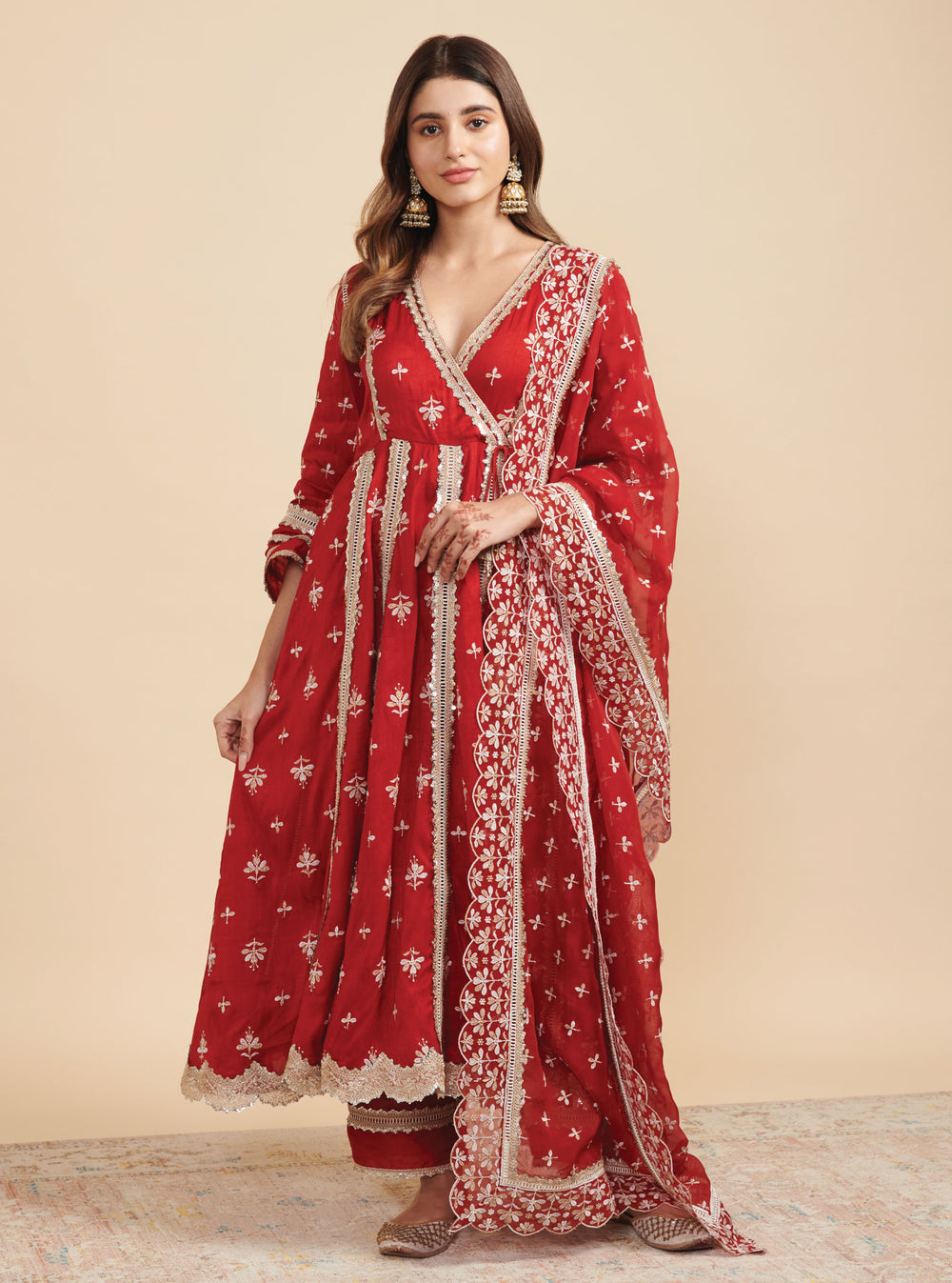 KalamKaari Silk Khanak Anarkali Red Kurta With Mulmul Silk Khanak Red Pant