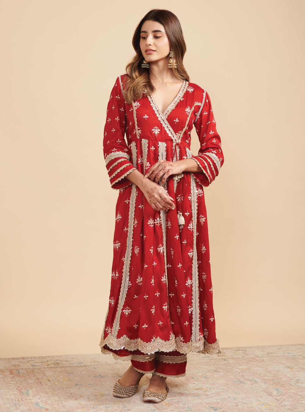 KalamKaari Silk Khanak Anarkali Red Kurta With Mulmul Silk Khanak Red Pant
