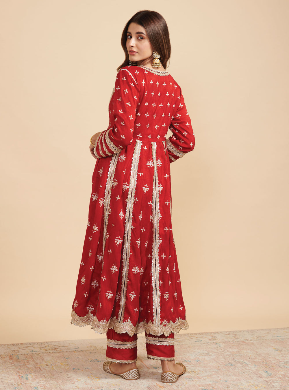 KalamKaari Silk Khanak Anarkali Red Kurta With Mulmul Silk Khanak Red Pant