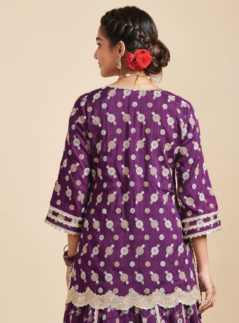 KalamKaari Silk Surkh Purple Kurta With Mulmul Silk Surkh Purple Lehenga