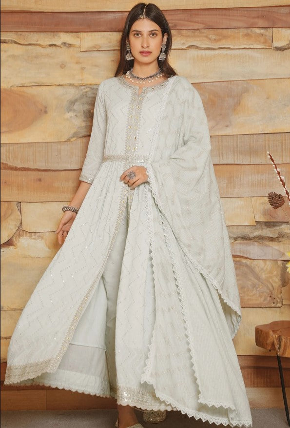 GREY COTTON SEQUINS AND THREAD EMBROIDERED SUIT SET