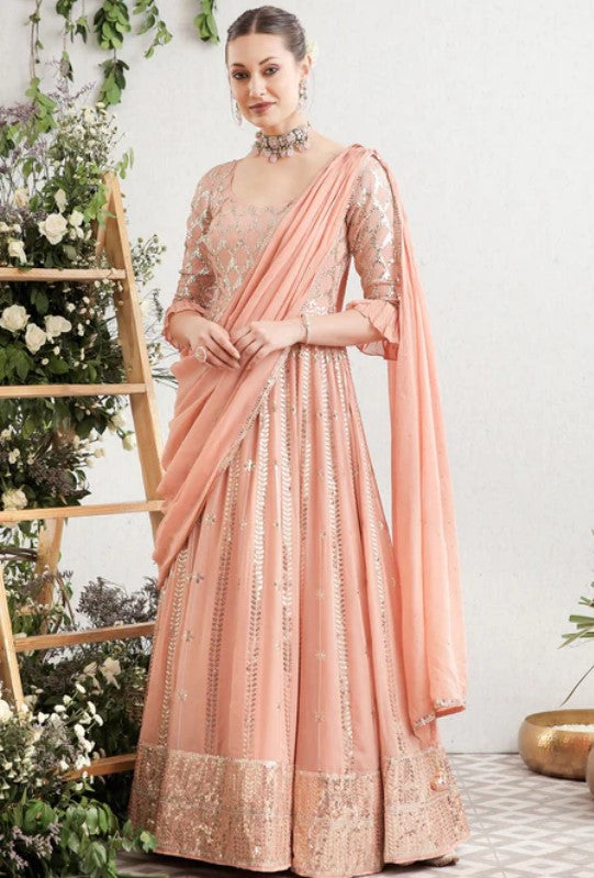 Peach Georgette Sequins Embroidered Anarkali Gown