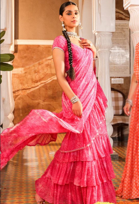 Rani Georgette Ruffled Printed Saree