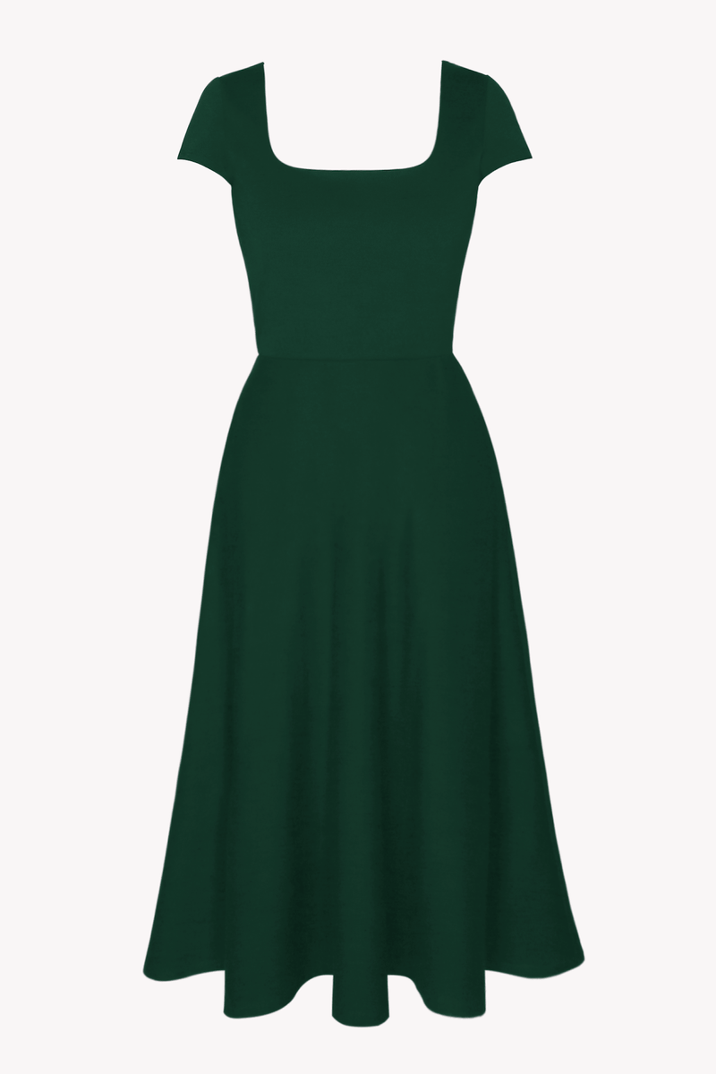 BCI Cotton Square Neck A-Line Mid-Calf Dress -- Dark Green