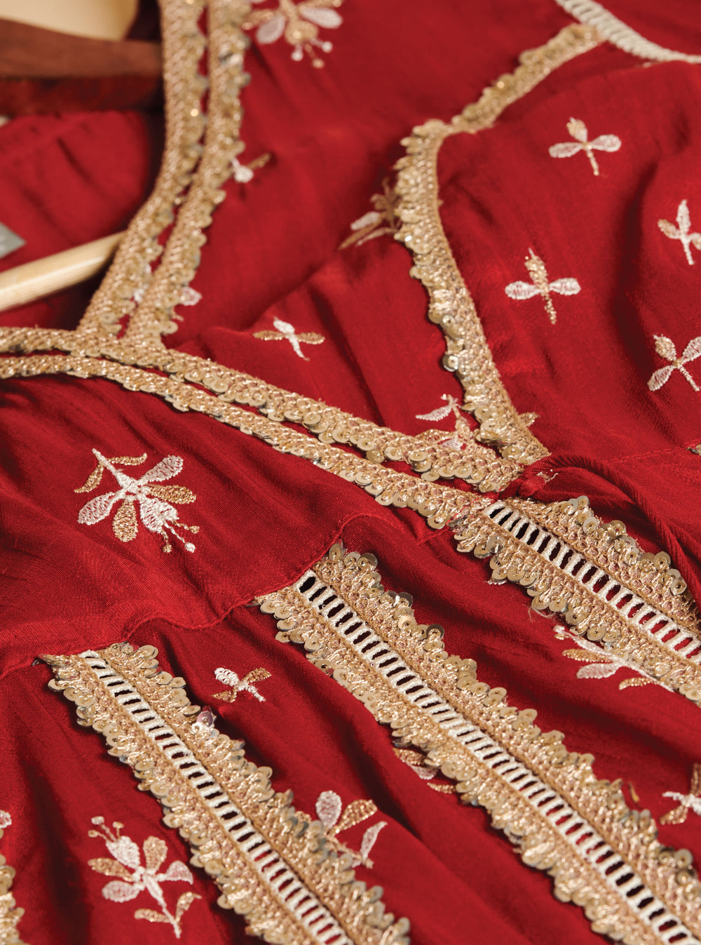 KalamKaari Silk Khanak Anarkali Red Kurta With Mulmul Silk Khanak Red Pant