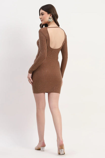 Brown Polyester Blend Embellished Dress