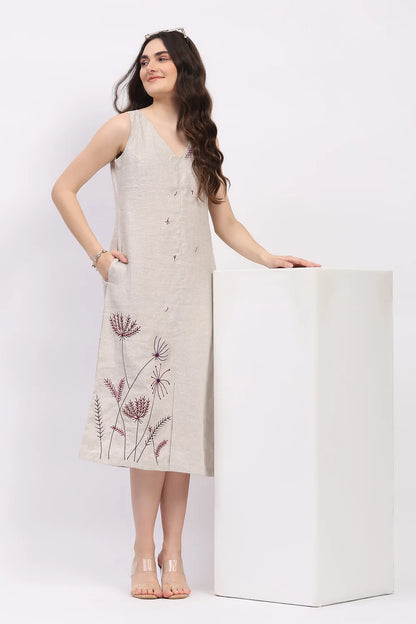Off-White Embroidered Linen Dress