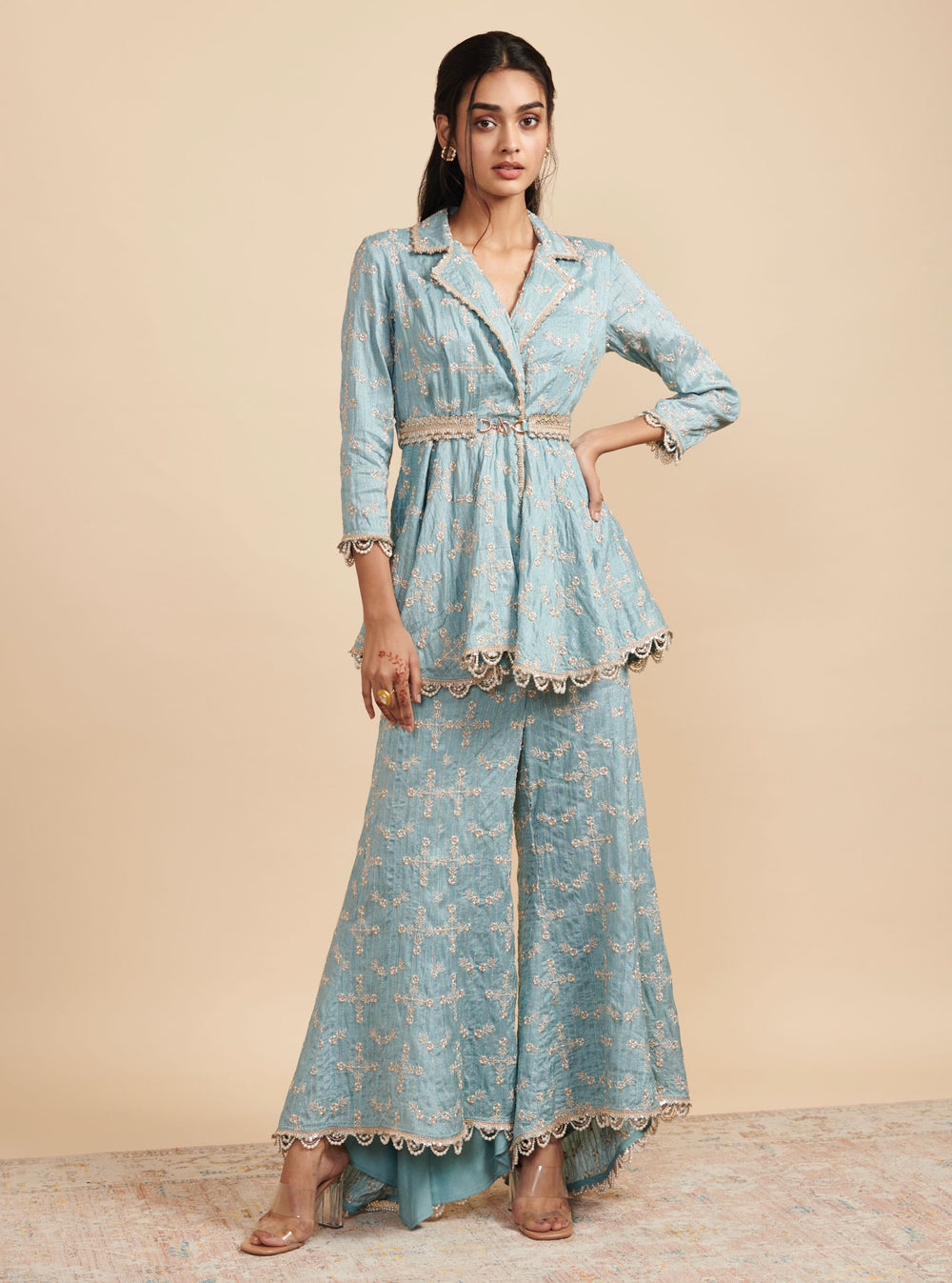 KalamKaari Silk Sitara Blue Top With KalamKaari Silk Sitara Blue High Low Pant