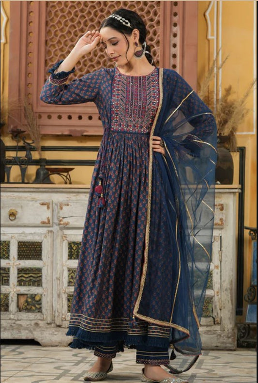 Blue Muslin Suit with Embroiered Neck