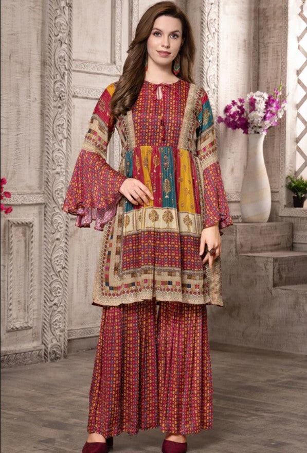 Maroon Georgette Embroidered Kurti Pant Set