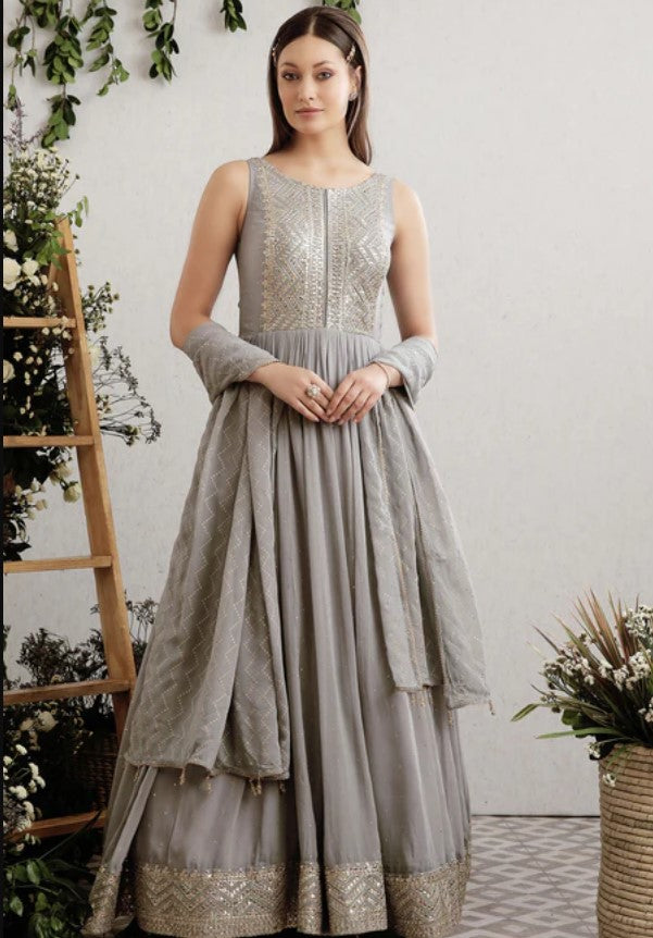 Grey Embroidered Georgette Anarkali Suit