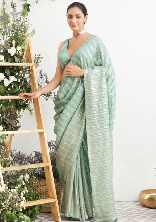 Rama Green Georgette Sequins Embroidered Saree
